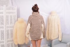 "MATERIAL : 100 % unspun merino wool COLOUR : Beige and cream ( There may be a slight difference because of the different monitors' representation) ♥ In the picture the model is wearing a garment with these measurements : A: ( Body lenght) : 26.8 \" / 68 cm B: ( Chest width) 21.7 \" / 55 cm C: (Sleeve from under the arm) : 23.2 \" / 59 cm D: (Neck unrolled) : 11.8 \" / 30 cm. They are taken with the item laid flat and not streched. ♥ For choosing your size please look at size chart in our listin White Chunky Knit Wool Outerwear, Cozy Merino Wool Sweater In Beige, Cozy Beige Merino Wool Sweater, Beige Merino Wool Sweater For Winter, Cozy Merino Wool Sweater In Winter White, Winter Beige Merino Wool Sweater, Cozy Winter White Merino Wool Sweater, Cozy Merino Wool Warm Sweater, Cream Chunky Knit Sweater For Cold Weather