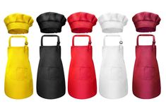 six aprons with different colors and sizes