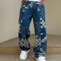 Mosaic checkerboard jeans, men's fashionable and personalized design, loose straight leg street Spiritual Fashion Men, Screen Printed Jeans, Men Wide Pants, Y2k Mens Fashion, Mens Distressed Jeans, Jeans Design, Y2k Pants, Trendy Pants, Pants Fabric