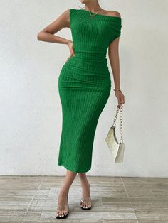 Women's Summer Solid Color Asymmetrical Neck Hollow Out Pleated Slim Elegant Long Dress Maxi Women Outfit Green Casual,Elegant  Short Sleeve Knitted Fabric Plain Bodycon Medium Stretch  Women Clothing, size features are:Bust: ,Length: ,Sleeve Length: Solid Color Pants, Asymmetrical Neckline, Solid Color Dress, Elegant Dresses Long, Midi Dress Summer, Color Dress, Women Maxi, Vestido Casual, Dress For Short Women