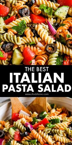 the best italian pasta salad is in a white bowl