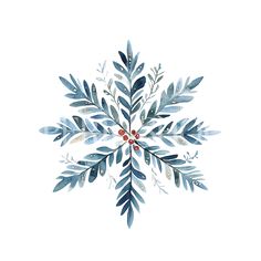 a snowflake with blue leaves and red berries on the bottom is shown in watercolor