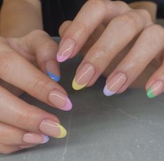 Gel French Tip, French Nails Design, Acrylic Nails Chrome, Rainbow French, Oval Acrylic Nails, Press On Nails Almond, French Tip Press On Nails, Spring Acrylic Nails, Romantic Nails