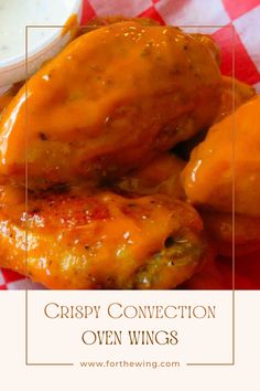 crispy convection oven wings with ranch dressing on the side and text overlay that reads crispy convection oven wings