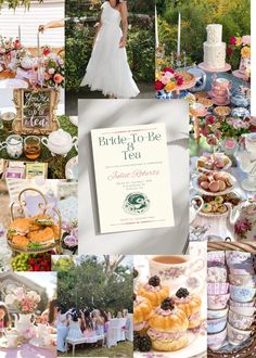 a collage of wedding photos with tea and cakes in the foreground, bride and groom on the other side