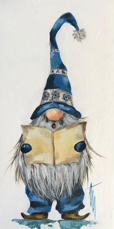 a painting of a gnome reading a book with a feathery hat on his head