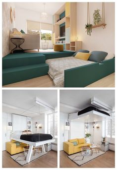 three pictures of a living room with couches and tables in it, including a bed