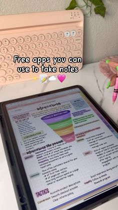 a tablet computer sitting on top of a desk next to a keyboard and mouse with the caption free apps you can use to take notes