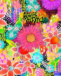 an abstract painting with colorful flowers and dots