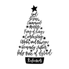 a black and white christmas tree with hand lettering