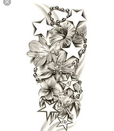 a black and white drawing of flowers with stars on the side of a woman's arm