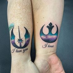 two people with tattoos that say i love you and i know star wars on their arms