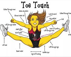 a woman doing yoga poses with the words toe touch above her head and below her leg