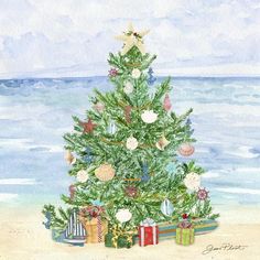 a watercolor painting of a christmas tree on the beach with presents under it and an ocean view in the background