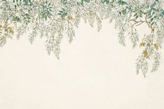 an artistic painting with green leaves and branches on a white background, in the style of chinese painting