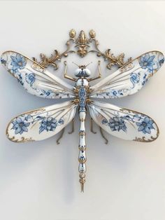 an ornate dragonfly with blue flowers on it's wings, sitting on a white surface