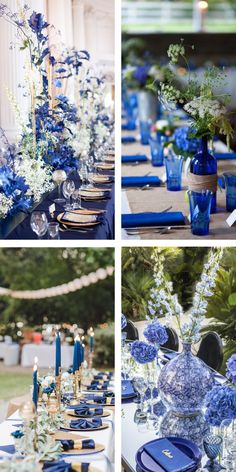 blue and white table settings at a wedding reception