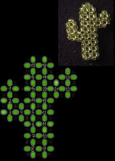 a cross made out of green beads on a black background with the number thirteen in front of it