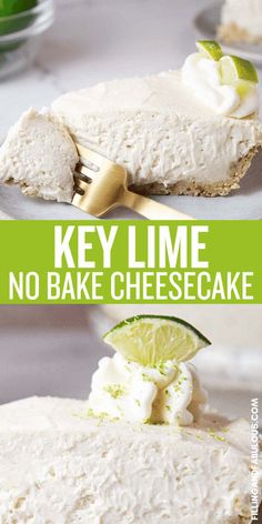 key lime no bake cheesecake on a plate with a fork and lime wedge