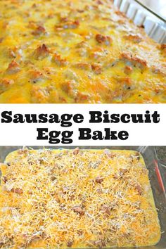 sausage biscuit egg bake in a glass casserole dish, before and after baking