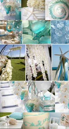 several pictures of white and blue wedding decorations