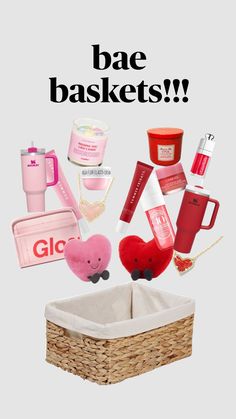 an advertisement for the glo cosmetics brand with products in it and text reading bae baskets