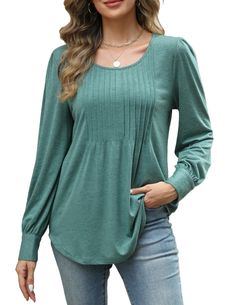 PRICES MAY VARY. 【Great Features】： long sleeve shirts for women,fall tops for women,Cute pleated front design,basic tunic tops to wear with leggings,smocked sleeve tops for women 【Material】：This basic long sleeve shirt for women fashion is made of 76% Polyester, 19% Viscose, 5% Spandex. The fabric offers unparalleled comfort and a distinctive look for an exceptional wearing experience. 【Matches】：pair this fall outfits with jeans,leggings,pants,skirts,it can be wear casually or dressed up effortl Fall Lantern Sleeve Tops In Solid Color, Fall Long Sleeve Top With Bishop Sleeves, Fall Lantern Sleeve Top Solid Color, Long Sleeve Blouse With Smocked Cuffs, Fall Stretch Blouse With Smocked Cuffs, Stretch Blouse With Smocked Cuffs For Fall, Fall Blouse With Smocked Cuffs And Stretch, Fall Blouse With Stretch And Smocked Cuffs, Fall Lantern Sleeve Tops With Smocked Cuffs