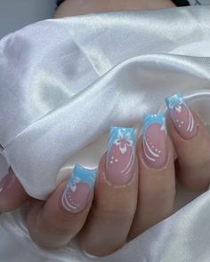 #nails #bluenails #nailsinspo #aesthetic #inspo #summernails #nailsofinstagram Nails Blue French Tip, French Tip Set, Nails Blue French, Blue French Tip, Holiday Acrylic Nails, Spring Acrylic Nails