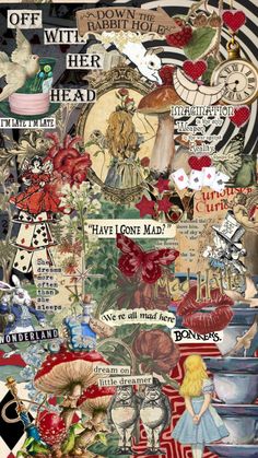 a collage with many different things on it, including an image of alice and the wonderland