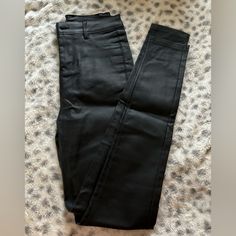 Never Worn High Rise Black Faux Leather Bottoms, High Waist Faux Leather Jeans For Night Out, High-waist Faux Leather Jeans For Night Out, Sleek High Rise Black Leather Pants, Sleek High-rise Black Leather Pants, Sleek Black Faux Leather Pants, High Rise Black Leather Pants For Fall, Black Faux Leather Jeans For Fall, Chic Black Leather Jeans