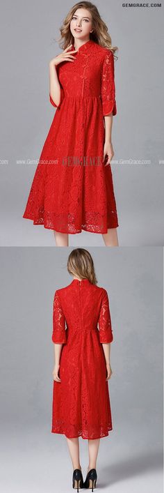 10% off now|Free shipping world-wide. L-5XL Red Lace Chipao Midi Dress with Collar at GemGrace. Click to learn our pro custom-made service for wedding dress, formal dress. View #SemiFormalDresses for more ideas. Elegant Red Dress With Lace Patchwork, Elegant Red Lace Patchwork Dress, Red Knee-length Lace Dress For Formal Occasions, Red Lace Knee-length Dress For Spring, Red Knee-length Lace Dress For Spring, Elegant Red Lace Midi Dress, Best Wedding Guest Dresses, Dress With Collar, For Wedding Dress