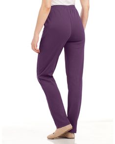 These soft, comfortable, great fitting pants are truly an everyday go-to essential. Our Essential Knit Tapered Leg Pants are all about comfort with a flat full elastic waist that sits at the natural waist. Give your legs the endless comfort they deserve! • Essential Knit Tapered Leg Pants. • Flat full elastic waist. • Handy front slash pockets. • Figure flattering tapered leg. • Sits at natural waist. • 29½" inseam; Petites, 28"; Petite Short, 26". • 60% cotton/40% polyester interlock knit. • Ma Fitting Pants, Knit Machine, Petite Shorts, Alaska Cruise, Women Essentials, Color Swatch, The Endless, Tapered Legs, Leg Pants