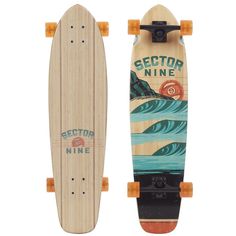 the sector nine skateboard is made from wood and has an image of waves on it