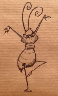 a drawing of a person with arms and legs in the shape of a bee on a piece of wood