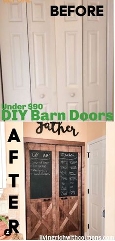 before and after photos of an old barn door with chalkboard on the front, then painted white