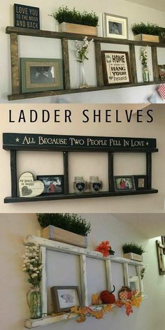 there are two shelves on the wall with pictures above them and below it is a sign that says ladder shelvings