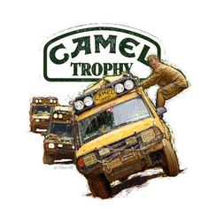 a drawing of a man climbing on top of a vehicle with the words camel trophy above it