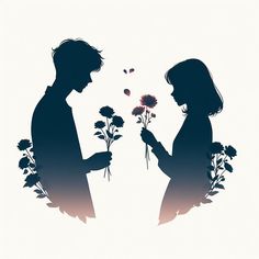 two people holding flowers in their hands and looking at each other with butterflies flying over them