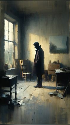 a painting of a man standing in an old fashioned room looking out the window at something