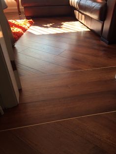 a living room with hard wood floors and leather furniture in the sunlight on the floor