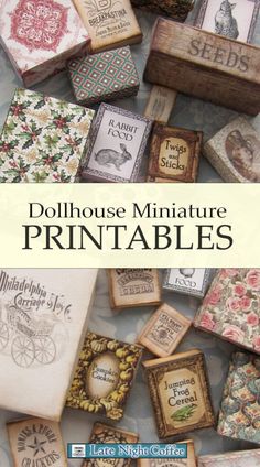 the cover of dollhouse miniatureture printables is shown with many small boxes