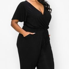 Bell Sleeve Jumpsuit With Drawstring Waist, Pockets And Banded Ankle Fabric: Heavy Rayon Spandex Content: 96% Polyester 4% Spandex 1x Size Bust 42-44 Waist 33-36 Hip 43-45* 2x Size Bust 45-47 Waist 37-40 Hip 45-47 3x Size Bust 48-50 Waist 41-44 Hip 48-51 *Measurements Are Approximates, Please Use As A Guide Only. Fitted Black Jumpsuits And Rompers With Tie Waist, Black Fitted Jumpsuit With Tie Waist, Tencel Pants, Olive Green Romper, Linen Overalls, Cargo Jumpsuit, Polka Dot Jumpsuit, Black Playsuit, Long Sleeve And Shorts