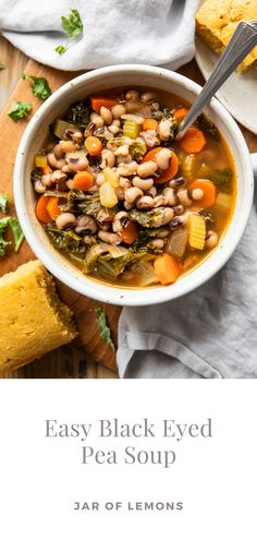 Black eyed pea soup in a white bowl.