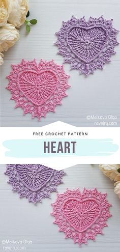 three crocheted hearts are shown with the text, free crochet pattern heart