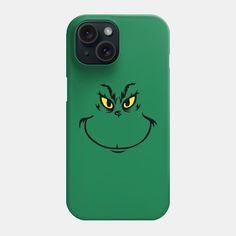 the grin face phone case is green with yellow eyes