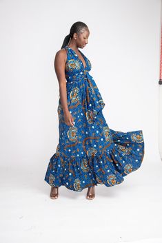 Blue Flowy Maxi Wrap Dress, Blue Maxi Length Wrap Dress For Vacation, Blue Maxi Wrap Dress For Vacation, Flowy Long Wrap Dress, Ankara Midi Dress, Wax Dress, Ankara Maxi Dress, Dress Ankara, Ankara Gown