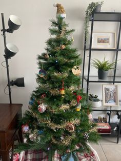 a small christmas tree with ornaments on it