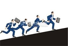 a group of men in business suits running up a hill with briefcases on their backs