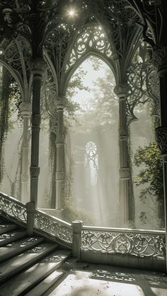 the sun shines through an ornate archway in a park with stone steps and railings