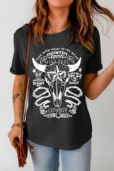 Black Wild Soul Western Bull Skull Graphic Tee Black Skull Print Graphic Tee, Casual Black Skull Print Tops, Casual Black Tops With Skull Print, Graphic Tee Women, Curved Hem Top, Drop Shoulder Cardigan, Bull Skull, Skull Graphic, Animal Graphic